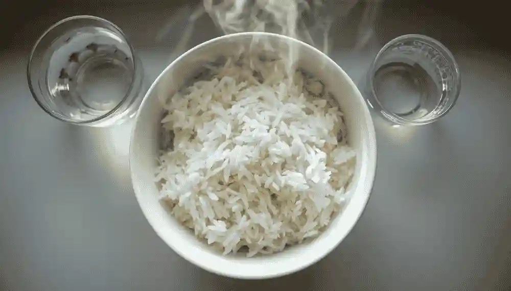 Bowl of reheated rice with added water before microwaving to restore moisture