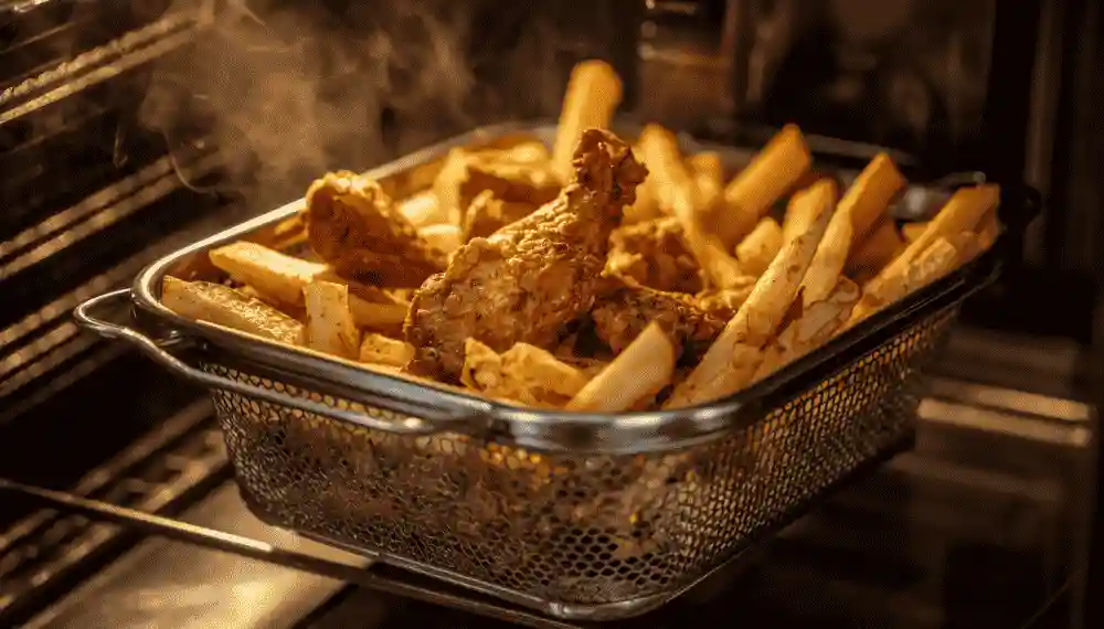Chicken wings and fries crisping in a perforated air fry basket inside a convection toaster oven