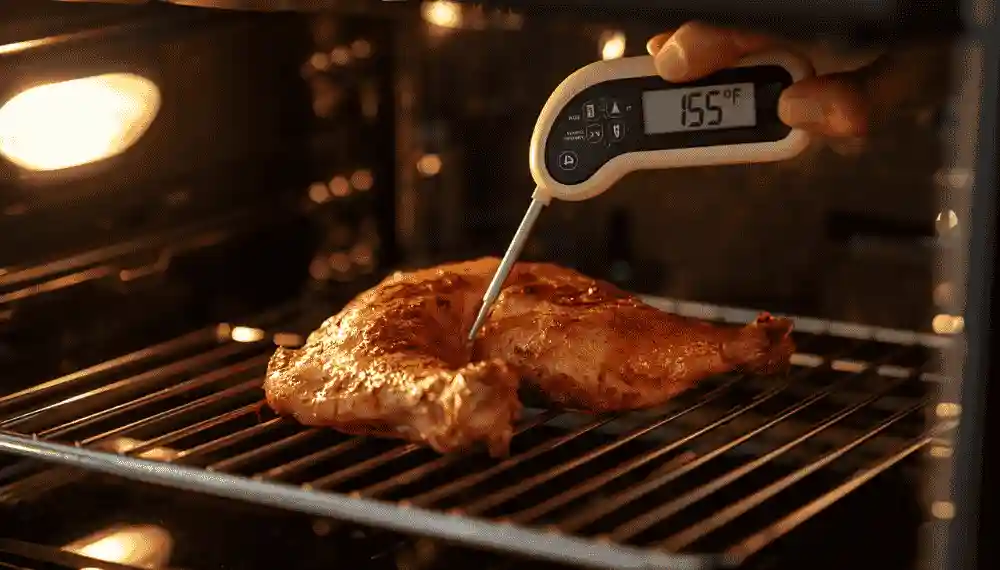 Digital meat thermometer inserted into a cooked chicken thigh in a toaster oven, reading 165°F — the USDA safe internal temperature for poultry