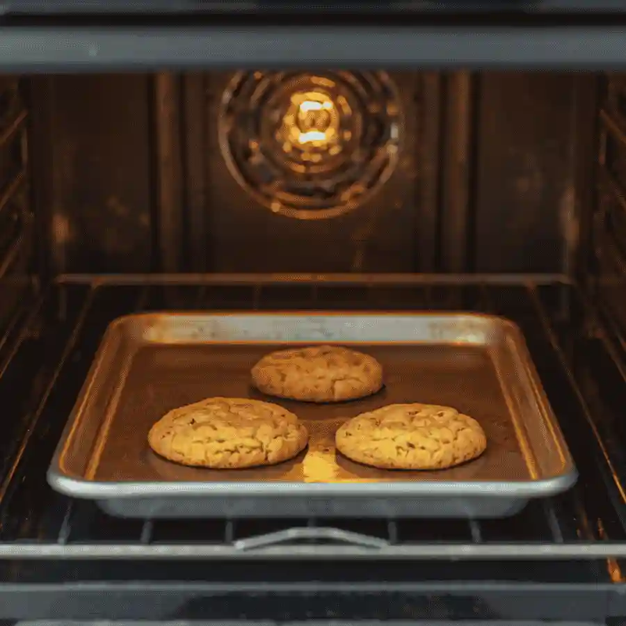 Freshly baked cookies on a light pan inside an open toaster oven
