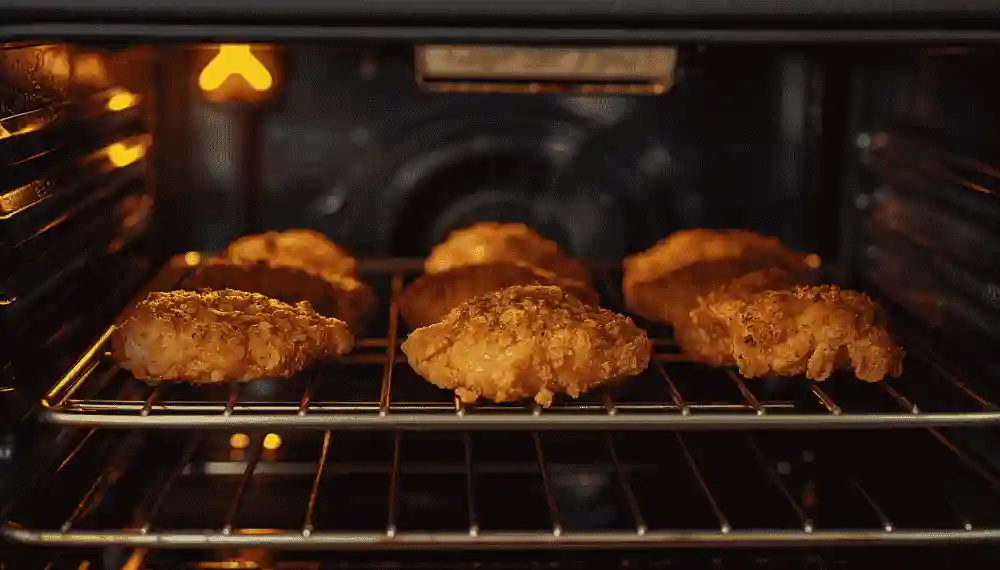 Fried chicken reheated on a wire rack in a toaster oven to restore crispiness