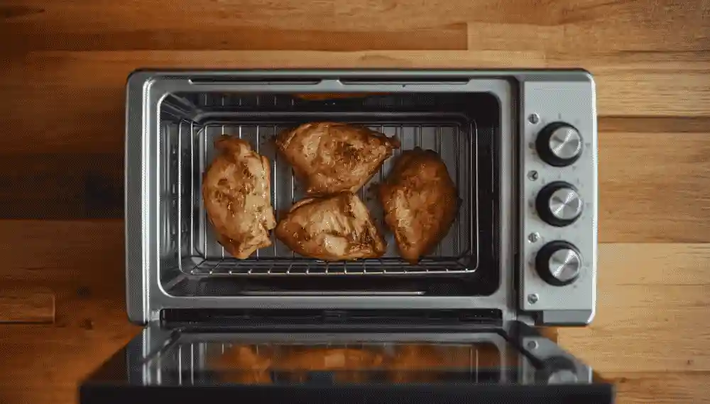Golden-brown chicken thighs roasting on a wire rack inside a countertop toaster oven