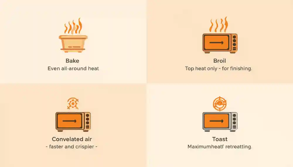 Infographic showing the four toaster oven settings — bake, broil, convection, and toast — with a diagram of which heating elements activate for each mode
