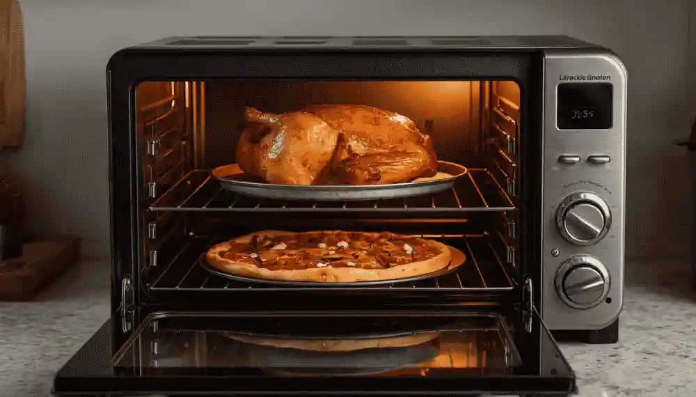 Interior of a large XL small toaster oven showing capacity for a whole turkey and a 13-inch pizza