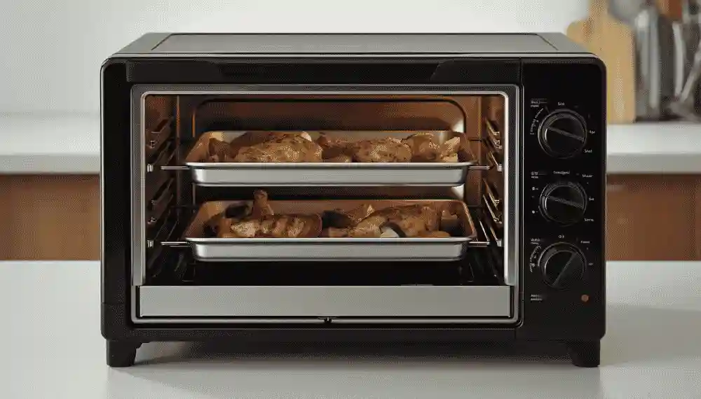 Ninja Foodi DT201 toaster oven cooking chicken thighs and vegetables on two separate levels at once