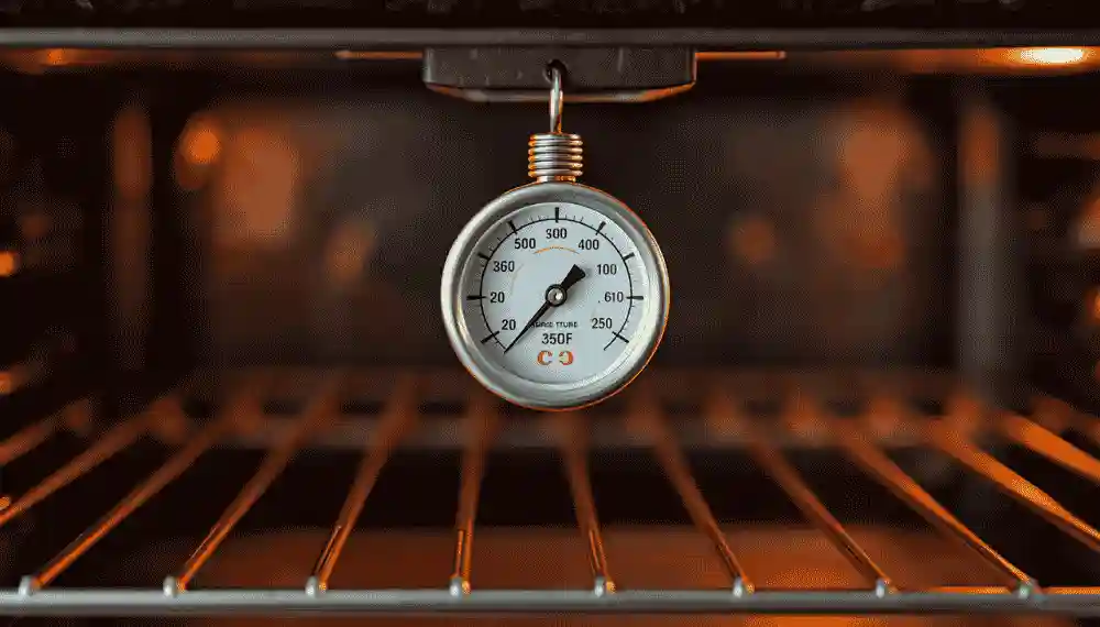 Oven thermometer hanging from the middle rack inside a toaster oven, reading 350°F — used to check if a toaster oven thermostat is accurate