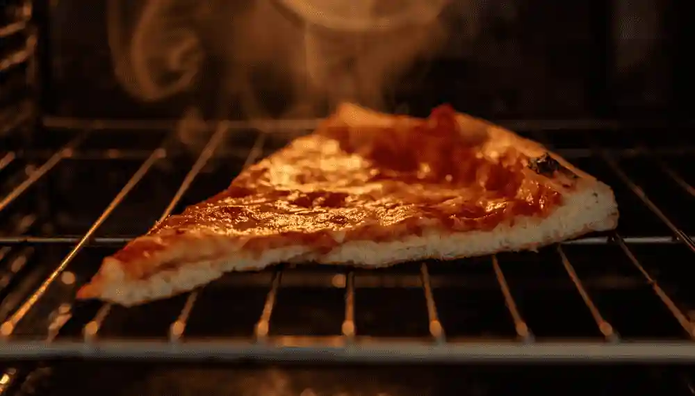 Pizza slice with a re-crisped crust reheated on a wire rack in a toaster oven