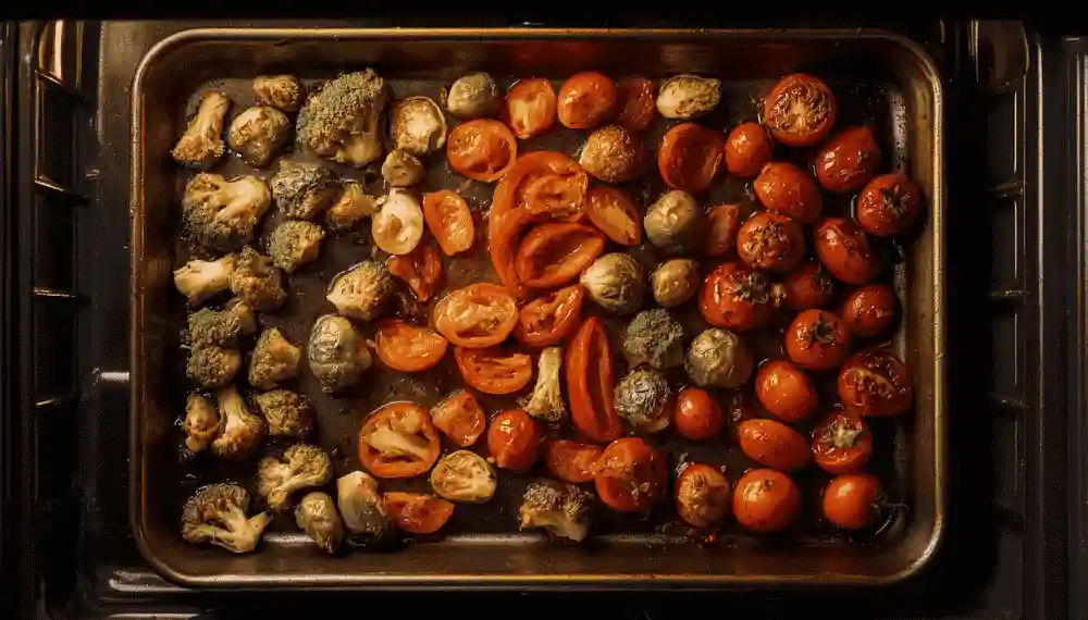 Single layer of roasted broccoli, brussels sprouts, and bell peppers on a baking sheet in a toaster oven, caramelized and spaced apart for even cooking
