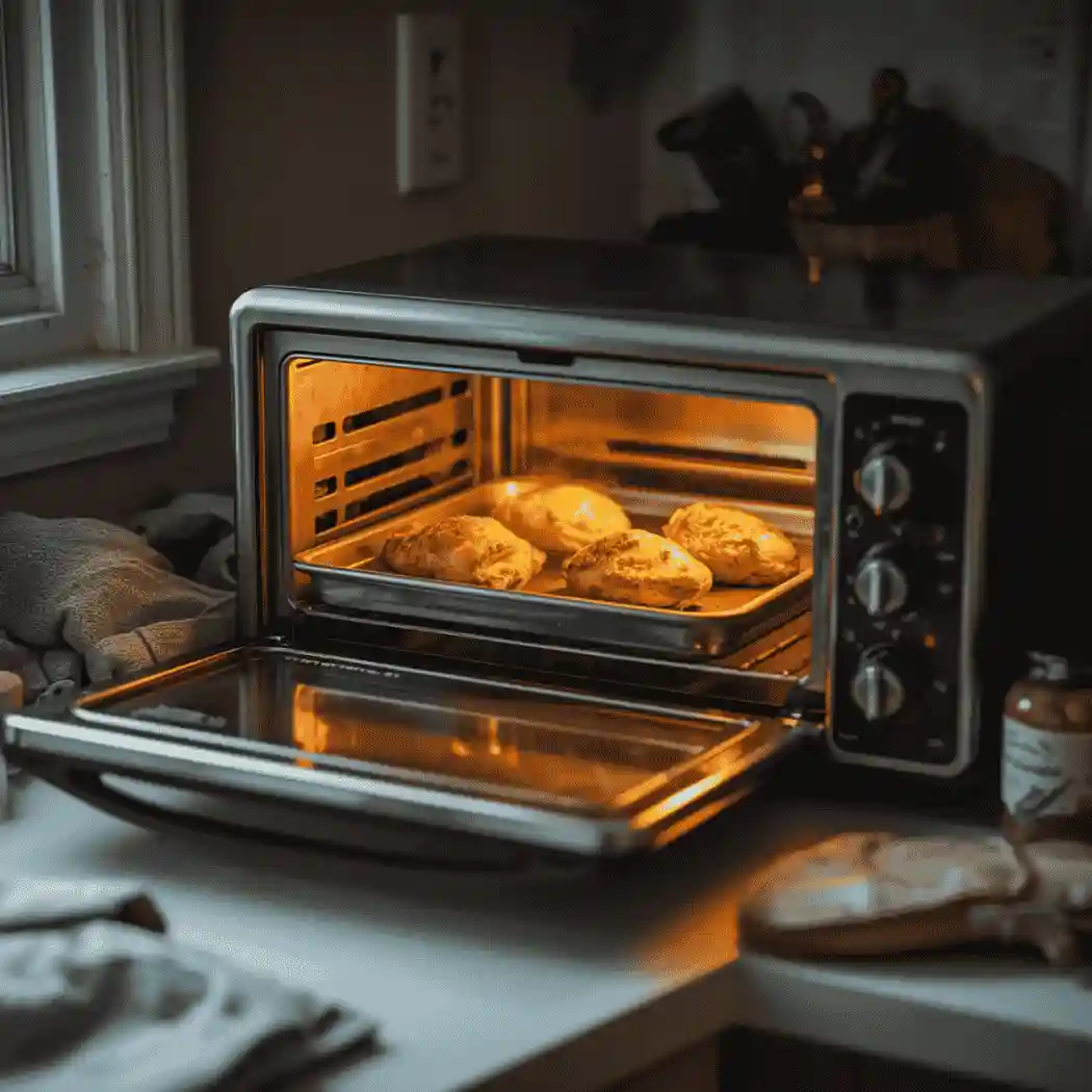 Various meals cooked in a toaster oven arranged on a kitchen counter