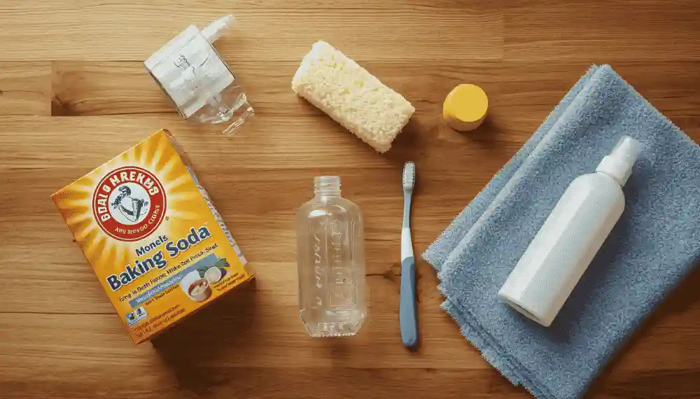 baking soda, vinegar, and sponge laid out as natural toaster oven cleaning supplies