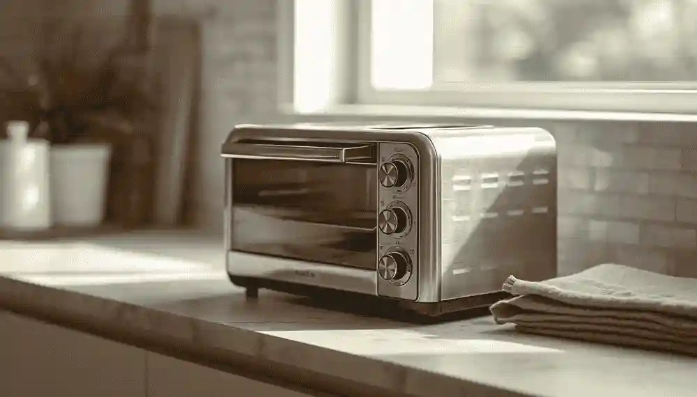 clean toaster oven on a kitchen countertop after deep cleaning