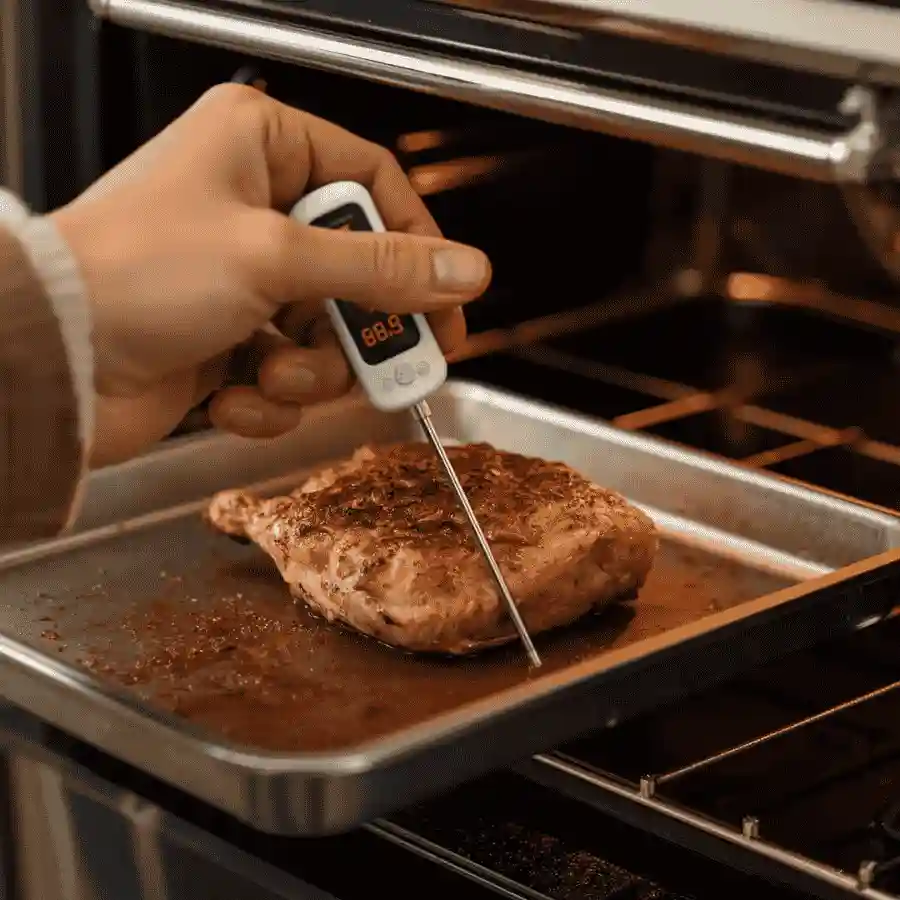meat thermometer into a piece of chicken on a tray pulled from an open toaster oven
