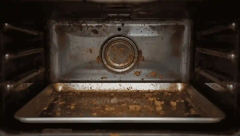 toaster oven interior with grease splatters and burnt crumbs before cleaning