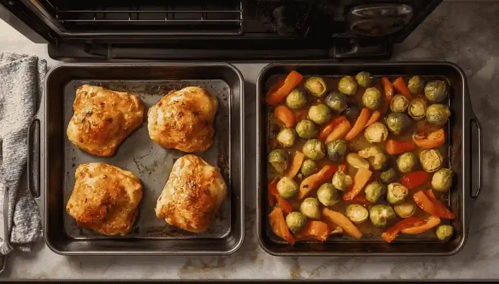 Complete family dinner of chicken thighs and roasted vegetables cooked simultaneously in a two-level toaster oven