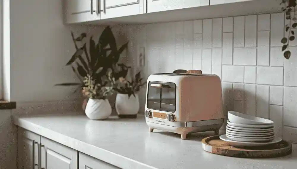 Design-forward compact toaster oven styled on a small apartment kitchen counter