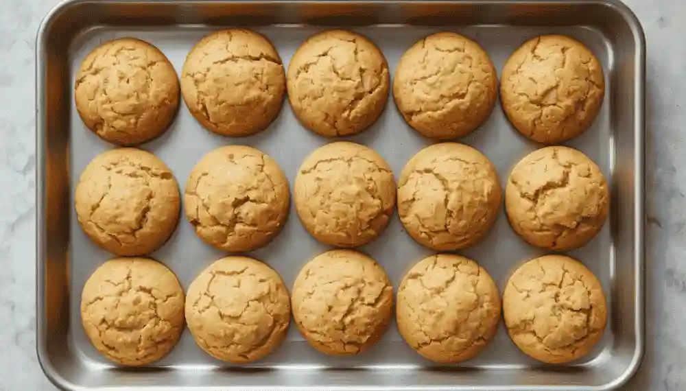 Overhead realistic photo of a dozen golden-brown sugar cookies arranged evenly on a baking tray, all uniformly colored edge to edge with no rotation marks, on a kitchen counter, natural daylight, no text, no people.