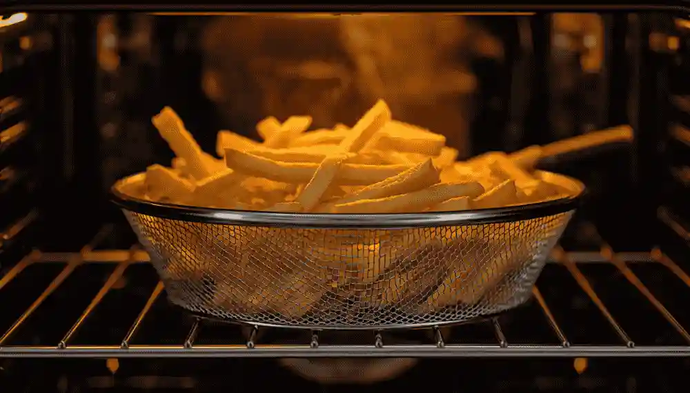 Crispy fries cooked in the mesh air fry basket of the Breville Smart Oven Air Fryer Pro