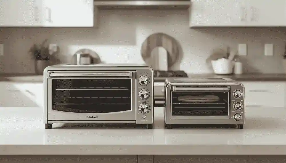 Size comparison of the XL Ninja Foodi DT201 next to a standard-size toaster oven on a counter